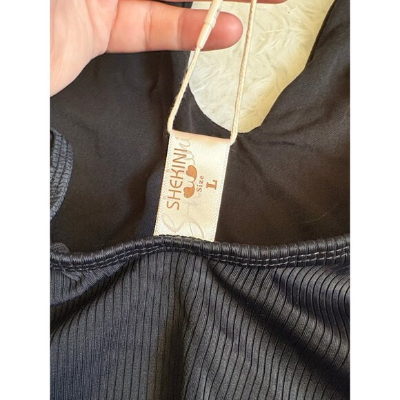 NWT Shekini Black Ribbed Deep U-Neck Thong Back One Piece Swimsuit L - Picture 7 of 10